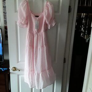 NWT MEROKEETY Square Neck Puff Sleeve Boho Swiss Dot Midi Dress Pink Size Small